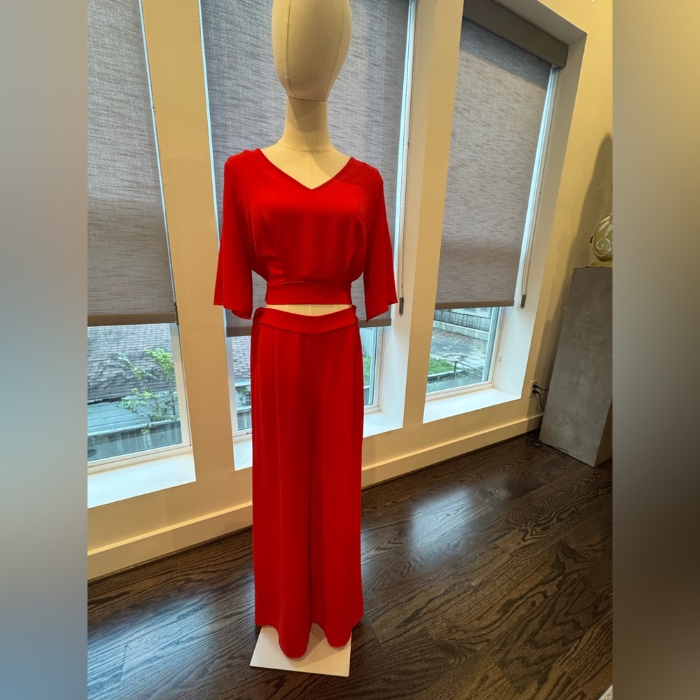 Iris - wide leg pant , crop top set in red.